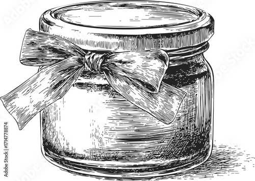 Jam jar sketch hand drawn with ribbon bow detailed vintage style — stock vector