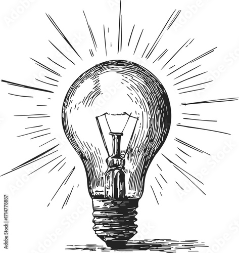 Light bulb sketch hand drawn with radiant lines symbolizing idea and creativity — stock vector