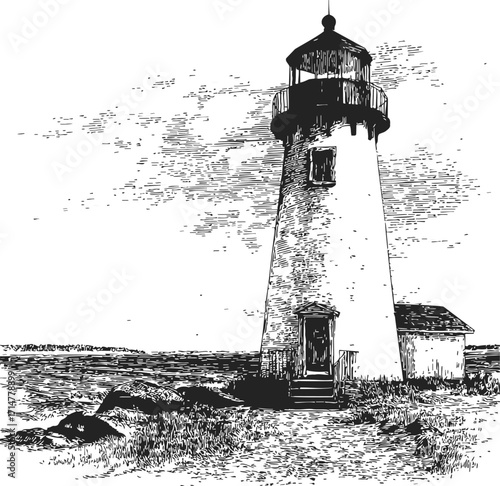 Lighthouse sketch hand drawn coastal tower with house and rocky shore — stock vector