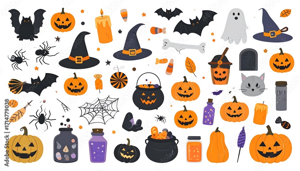 Fototapeta premium A collection of colorful Halloween-themed illustrations, including pumpkins, bats, spiders, witches' hats, and ghosts, displayed on a white background.