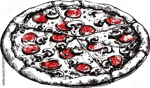 Pepperoni mushroom pizza sketch, hand drawn style, whole pizza with toppings — stock vector