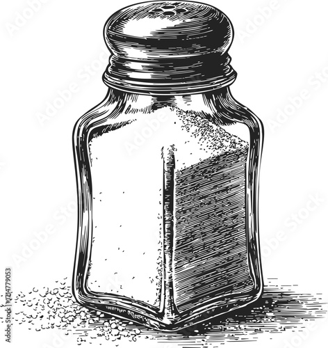 Salt shaker sketch hand drawn style with scattered salt grains — stock vector