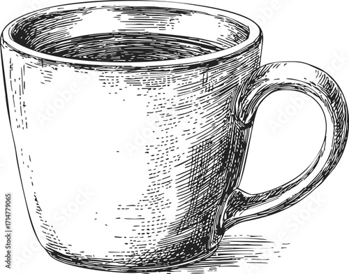 Coffee cup sketch hand drawn with detailed hatching lines — stock vector