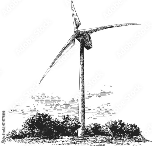Wind turbine sketch hand drawn style with landscape and trees — stock vector
