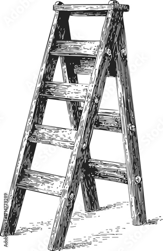 Wooden ladder sketch, hand drawn, rustic folding step ladder, vintage style — stock vector