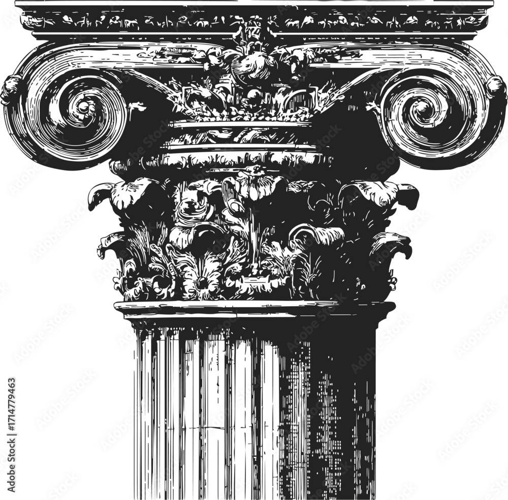 Fototapeta premium Corinthian column capital sketch, hand drawn, ornate acanthus leaves and volutes — stock vector