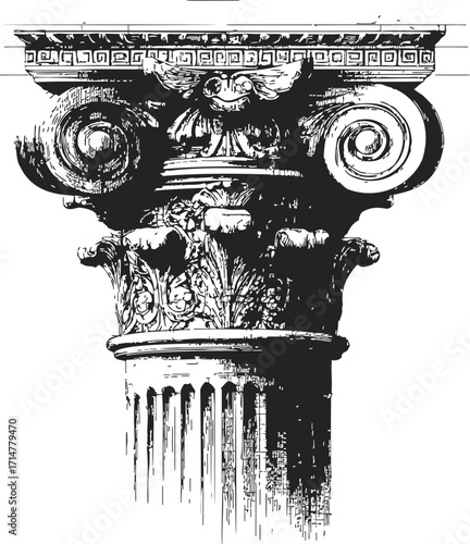 Corinthian column capital sketch, hand drawn classical architectural ornament with acanthus leaves — stock vector