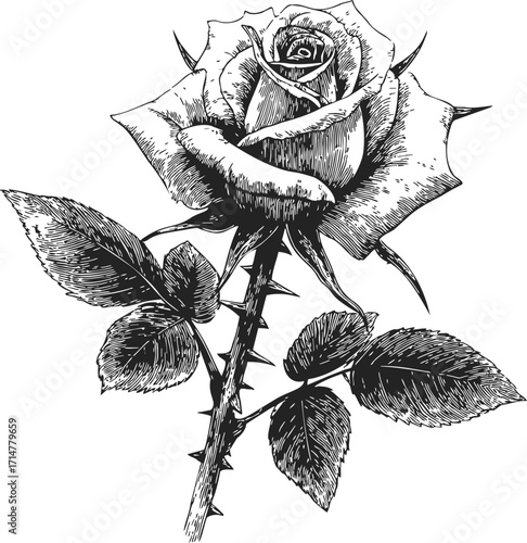 Rose flower sketch hand drawn botanical illustration with leaves and thorns — stock vector
