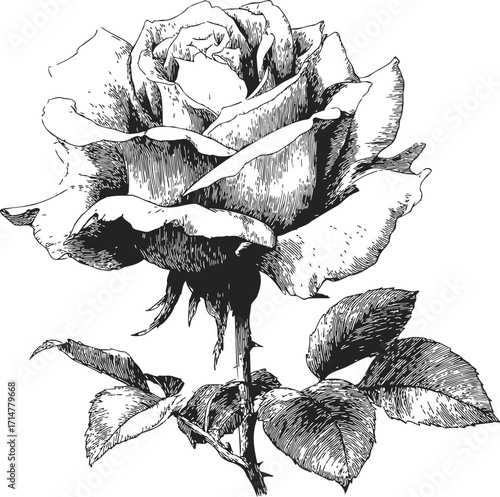 Rose flower sketch hand drawn botanical illustration with detailed petals and leaves — stock vector