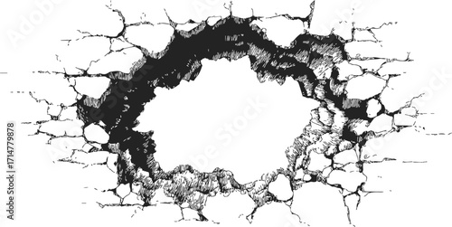 Cracked wall sketch, hand drawn hole with broken concrete texture — stock vector