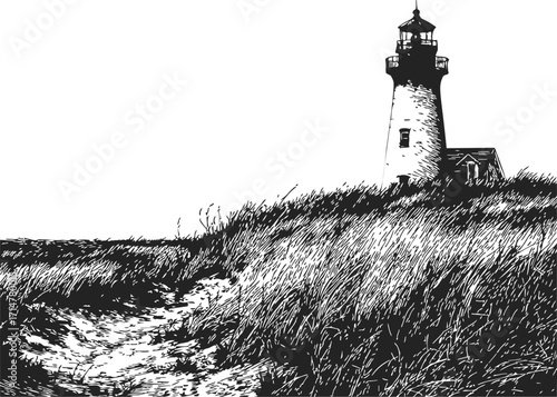 Lighthouse sketch hand drawn on grassy hill with winding path — stock vector