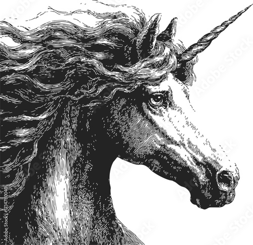 Unicorn sketch hand drawn detailed portrait with flowing mane — stock vector