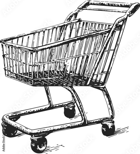 Shopping cart sketch, hand drawn supermarket trolley with wheels — stock vector