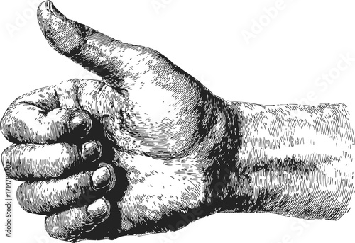 Hand thumbs up vintage sketch, hand drawn style, detailed engraving — stock vector