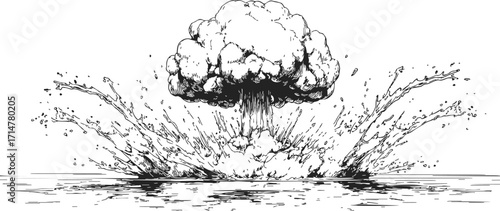 Nuclear explosion sketch, hand drawn style, atomic blast over water with splash — stock vector