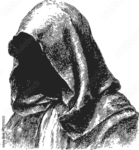 Hooded figure sketch hand drawn mysterious cloaked character in shadow — stock vector