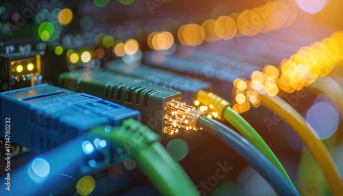 Colorful Ethernet Cables in Network. Vibrant Ethernet Cables for Data. Network Connectivity with Bright Cables. Ethernet Cables with Colorful Lights. Cable Network in Fiber Optic System