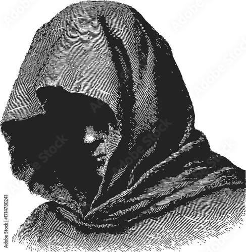 Hooded figure sketch, hand drawn mysterious cloaked person in shadow — stock vector