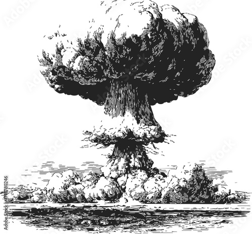 Mushroom cloud sketch, hand drawn explosion with detailed smoke and debris — stock vector