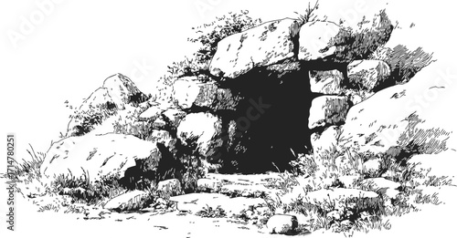 Stone cave entrance sketch, hand drawn rocky landscape with grass and bushes — stock vector