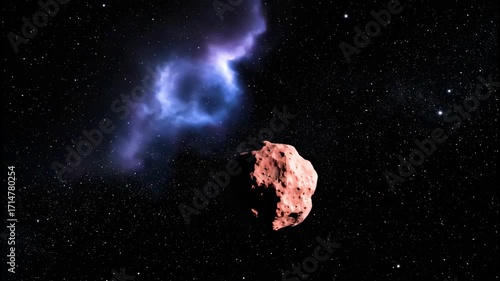 Asteroid floating in space with colorful nebula background  