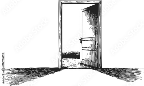 Open door sketch hand drawn with dramatic shadow and empty room — stock vector
