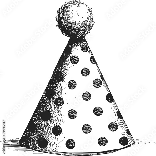 Party hat sketch hand drawn with polka dots and pompom — stock vector