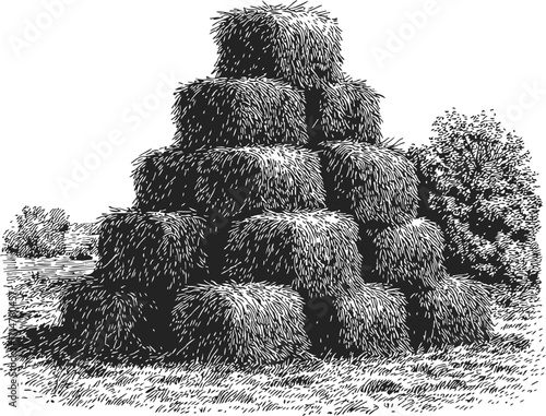 Haystack pyramid sketch, hand drawn rural scene with stacked hay bales in field — stock vector
