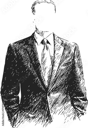 Man in suit sketch hand drawn style with faceless head and detailed jacket — stock vector