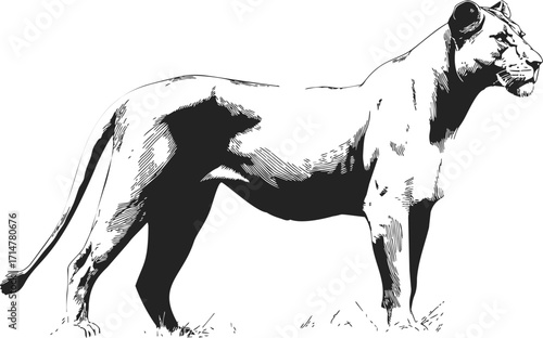 Lioness sketch hand drawn side view standing on grass — stock vector