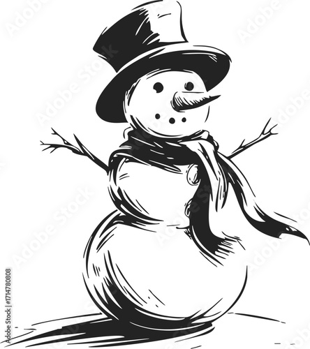 Snowman sketch hand drawn with hat scarf and stick arms on white — stock vector