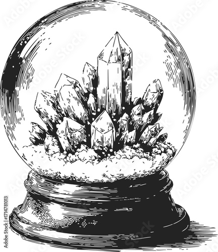 Crystal cluster snow globe sketch hand drawn style with detailed glass and base — stock vector