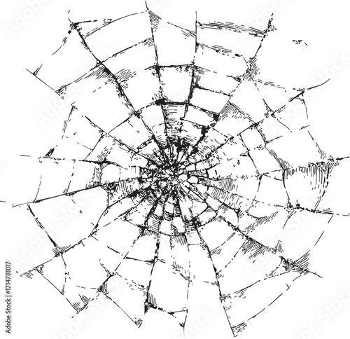 Broken glass sketch, hand drawn shattered window pane with radial cracks — stock vector