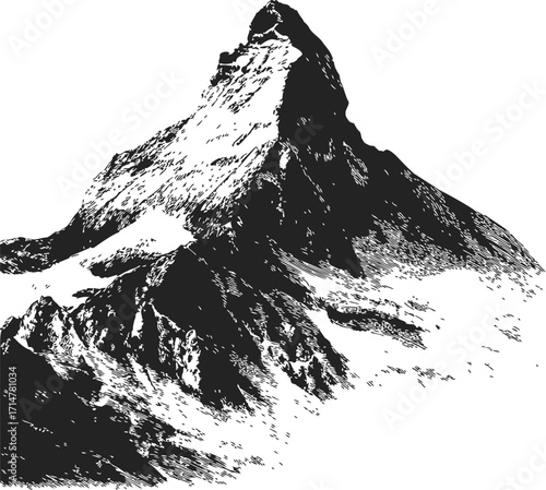 Mountain peak sketch hand drawn rugged alpine summit with snow — stock vector