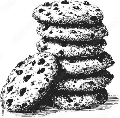 Chocolate chip cookies sketch, hand drawn stack and single cookie — stock vector
