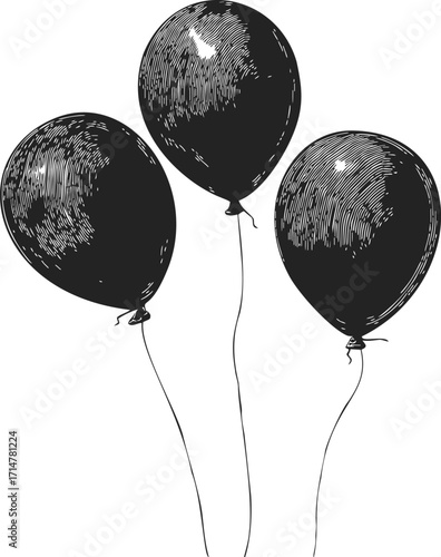 Black balloons sketch hand drawn illustration with three floating balloons — stock vector