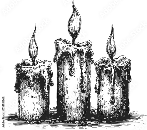 Three candles sketch hand drawn with melting wax and burning flames — stock vector