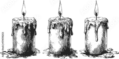 Melting candle sketch hand drawn style with dripping wax and flame — stock vector