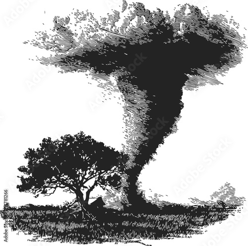 Tornado sketch hand drawn style with tree and dramatic swirling funnel cloud — stock vector