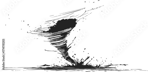 Tornado sketch hand drawn whirlwind with debris and dynamic swirling motion — stock vector
