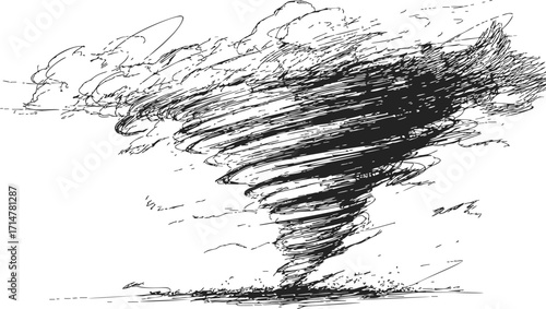 Tornado sketch hand drawn swirling funnel cloud with debris and dust — stock vector