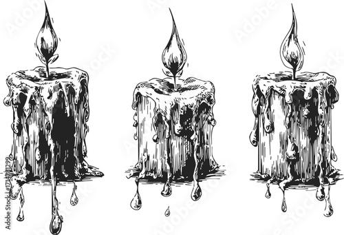 Candles sketch hand drawn melting wax dripping set — stock vector