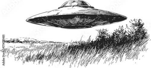 UFO sketch hand drawn flying saucer hovering over grassy field and bushes — stock vector