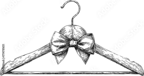 Clothes hanger sketch with decorative bow, hand drawn vintage style — stock vector