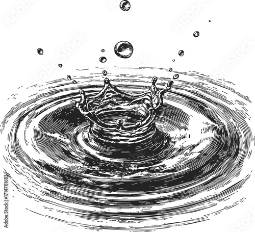 Water splash sketch hand drawn style with crown-shaped droplet impact and ripples — stock vector