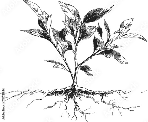 Plant with roots sketch hand drawn botanical illustration showing leaves and underground root system — stock vector
