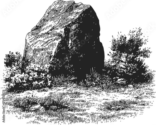 Large boulder sketch, hand drawn style with surrounding bushes and grass — stock vector