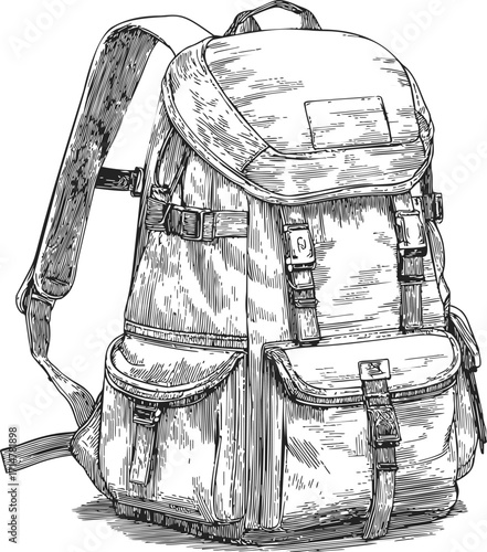 Backpack sketch hand drawn vintage style with multiple pockets and straps — stock vector
