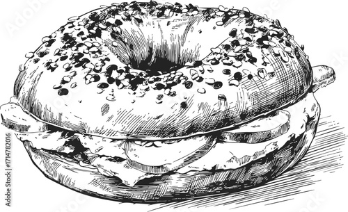 Bagel sandwich sketch, hand drawn style with sesame seeds and filling — stock vector
