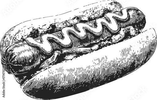 Hot dog sketch hand drawn with mustard in bun, detailed fast food illustration — stock vector